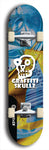 Skateboard deck: Limited edition, North American maple skateboard deck designed by underground artist BellyRash - available widths 7.5 to 8.5 inches in both mellow concave and steep concave shapes. Artwork: GRAFFITI SKULLZ logo brand popsicle-shaped deck with graffiti or street art background