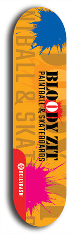 Skateboard deck: Limited edition, North American maple skateboard deck designed by underground artist BellyRash - available widths 7.5 to 8.5 inches in both mellow concave and steep concave shapes. Artwork: BLOODY ZIT logo brand popsicle-shaped deck with big BLOODY ZIT LOGO