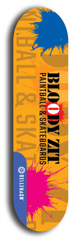 Skateboard deck: Limited edition, North American maple skateboard deck designed by underground artist BellyRash - available widths 7.5 to 8.5 inches in both mellow concave and steep concave shapes. Artwork: BLOODY ZIT logo brand popsicle-shaped deck with big BLOODY ZIT LOGO