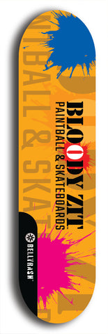 Skateboard deck: Limited edition, North American maple skateboard deck designed by underground artist BellyRash - available widths 7.5 to 8.5 inches in both mellow concave and steep concave shapes. Artwork: BLOODY ZIT logo brand popsicle-shaped deck with big BLOODY ZIT LOGO