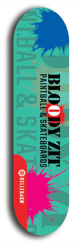 Skateboard deck: Limited edition, North American maple skateboard deck designed by underground artist BellyRash - available widths 7.5 to 8.5 inches in both mellow concave and steep concave shapes. Artwork: BLOODY ZIT logo brand popsicle-shaped deck with big BLOODY ZIT LOGO