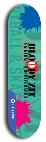 Skateboard deck: Limited edition, North American maple skateboard deck designed by underground artist BellyRash - available widths 7.5 to 8.5 inches in both mellow concave and steep concave shapes. Artwork: BLOODY ZIT logo brand popsicle-shaped deck with big BLOODY ZIT LOGO