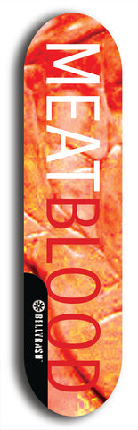 Limited edition, North American maple skateboard deck designed by underground artist BellyRash - available widths 7.5 to 8.5 inches in both mellow concave and steep concave shapes. Artwork: MEATBOOGER brand popsicle-shaped with large word logo on a multi-colored patterned background