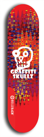 Skateboard deck: Limited edition, North American maple skateboard deck designed by underground artist BellyRash - available widths 7.5 to 8.5 inches in both mellow concave and steep concave shapes. Artwork: GRAFFITI SKULLZ logo brand popsicle-shaped deck with graffiti or street art background