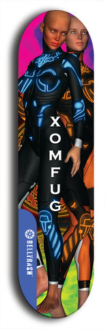 Skateboard deck: Limited edition, North American maple skateboard deck designed by underground artist BellyRash - available widths 7.5 to 8.5 inches in both mellow concave and steep concave shapes. Artwork: XOMFUG logo brand popsicle-shaped deck