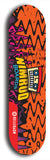 Skateboard deck: Limited edition, North American maple skateboard deck designed by underground artist BellyRash -- available in widths 7.5 to 8.5 inches in both mellow concave and steep concave shapes. Artwork: NIMROD brand popsicle-shaped skateboard deck with NIMROD logo on dark background. 