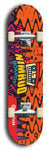 Skateboard deck: Limited edition, North American maple skateboard deck designed by underground artist BellyRash -- available in widths 7.5 to 8.5 inches in both mellow concave and steep concave shapes. Artwork: NIMROD brand popsicle-shaped skateboard deck with NIMROD logo on dark background. 