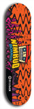 Skateboard deck: Limited edition, North American maple skateboard deck designed by underground artist BellyRash -- available in widths 7.5 to 8.5 inches in both mellow concave and steep concave shapes. Artwork: NIMROD brand popsicle-shaped skateboard deck with NIMROD logo on dark background. 