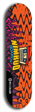 Skateboard deck: Limited edition, North American maple skateboard deck designed by underground artist BellyRash -- available in widths 7.5 to 8.5 inches in both mellow concave and steep concave shapes. Artwork: NIMROD brand popsicle-shaped skateboard deck with NIMROD logo on dark background. 