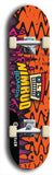 Skateboard deck: Limited edition, North American maple skateboard deck designed by underground artist BellyRash -- available in widths 7.5 to 8.5 inches in both mellow concave and steep concave shapes. Artwork: NIMROD brand popsicle-shaped skateboard deck with NIMROD logo on dark background. 