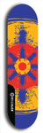 Skateboard deck: Limited edition, North American maple skateboard deck designed by underground artist BellyRash - available widths 7.5 to 8.5 inches in both mellow concave and steep concave shapes. Artwork: DHARMAMECHANIC logo brand popsicle-shaped deck 