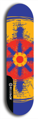 Skateboard deck: Limited edition, North American maple skateboard deck designed by underground artist BellyRash - available widths 7.5 to 8.5 inches in both mellow concave and steep concave shapes. Artwork: DHARMAMECHANIC logo brand popsicle-shaped deck 