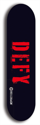 Skateboard deck: Limited edition, North American maple skateboard deck designed by underground artist BellyRash - available widths 7.5 to 8.5 inches in both mellow concave and steep concave shapes. Artwork: DEFYANT GIANT logo brand popsicle-shaped deck