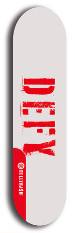 Skateboard deck: Limited edition, North American maple skateboard deck designed by underground artist BellyRash - available widths 7.5 to 8.5 inches in both mellow concave and steep concave shapes. Artwork: DEFYANT GIANT logo brand popsicle-shaped deck