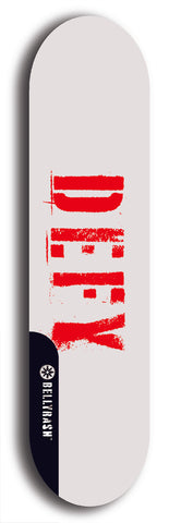 Skateboard deck: Limited edition, North American maple skateboard deck designed by underground artist BellyRash - available widths 7.5 to 8.5 inches in both mellow concave and steep concave shapes. Artwork: DEFYANT GIANT logo brand popsicle-shaped deck