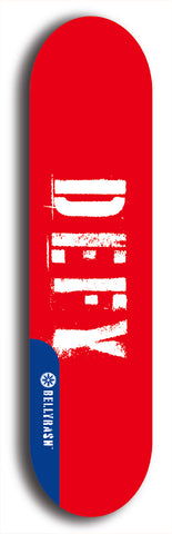 Skateboard deck: Limited edition, North American maple skateboard deck designed by underground artist BellyRash - available widths 7.5 to 8.5 inches in both mellow concave and steep concave shapes. Artwork: DEFYANT GIANT logo brand popsicle-shaped deck