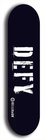 Skateboard deck: Limited edition, North American maple skateboard deck designed by underground artist BellyRash - available widths 7.5 to 8.5 inches in both mellow concave and steep concave shapes. Artwork: DEFYANT GIANT logo brand popsicle-shaped deck