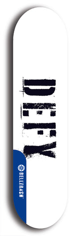 Skateboard deck: Limited edition, North American maple skateboard deck designed by underground artist BellyRash - available widths 7.5 to 8.5 inches in both mellow concave and steep concave shapes. Artwork: DEFYANT GIANT logo brand popsicle-shaped deck