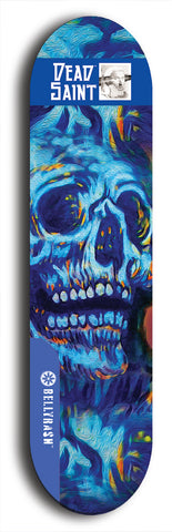 Skateboard deck: Limited edition, North American maple skateboard deck designed by underground artist BellyRash - available widths 7.5 to 8.5 inches in both mellow concave and steep concave shapes. Artwork: DEAD SAINT logo brand popsicle-shaped deck 