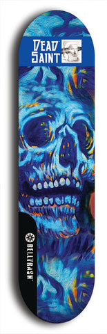 Skateboard deck: Limited edition, North American maple skateboard deck designed by underground artist BellyRash - available widths 7.5 to 8.5 inches in both mellow concave and steep concave shapes. Artwork: DEAD SAINT logo brand popsicle-shaped deck 