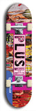 Skateboard deck: Limited edition, North American maple skateboard deck designed by underground artist BellyRash - available widths 7.5 to 8.5 inches in both mellow concave and steep concave shapes. Artwork: PLUSH logo brand popsicle-shaped deck