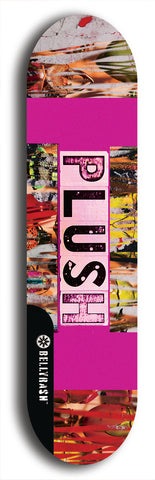 Skateboard deck: Limited edition, North American maple skateboard deck designed by underground artist BellyRash - available widths 7.5 to 8.5 inches in both mellow concave and steep concave shapes. Artwork: PLUSH logo brand popsicle-shaped deck