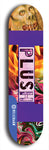 Skateboard deck: Limited edition, North American maple skateboard deck designed by underground artist BellyRash - available widths 7.5 to 8.5 inches in both mellow concave and steep concave shapes. Artwork: PLUSH logo brand popsicle-shaped deck