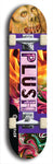 Skateboard deck: Limited edition, North American maple skateboard deck designed by underground artist BellyRash - available widths 7.5 to 8.5 inches in both mellow concave and steep concave shapes. Artwork: PLUSH logo brand popsicle-shaped deck