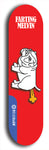 Skateboard deck: Limited edition, North American maple skateboard deck designed by underground artist BellyRash - available widths 7.5 to 8.5 inches in both mellow concave and steep concave shapes. Artwork: FARTING MELVIN logo brand popsicle-shaped deck with farting bulldog on flat-colored background