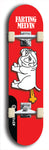 Skateboard deck: Limited edition, North American maple skateboard deck designed by underground artist BellyRash - available widths 7.5 to 8.5 inches in both mellow concave and steep concave shapes. Artwork: FARTING MELVIN logo brand popsicle-shaped deck with farting bulldog on flat-colored background