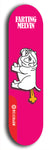 Skateboard deck: Limited edition, North American maple skateboard deck designed by underground artist BellyRash - available widths 7.5 to 8.5 inches in both mellow concave and steep concave shapes. Artwork: FARTING MELVIN logo brand popsicle-shaped deck with farting bulldog on flat-colored background