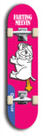 Skateboard deck: Limited edition, North American maple skateboard deck designed by underground artist BellyRash - available widths 7.5 to 8.5 inches in both mellow concave and steep concave shapes. Artwork: FARTING MELVIN logo brand popsicle-shaped deck with farting bulldog on flat-colored background