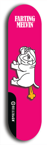 Skateboard deck: Limited edition, North American maple skateboard deck designed by underground artist BellyRash - available widths 7.5 to 8.5 inches in both mellow concave and steep concave shapes. Artwork: FARTING MELVIN logo brand popsicle-shaped deck with farting bulldog on flat-colored background