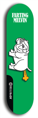 Skateboard deck: Limited edition, North American maple skateboard deck designed by underground artist BellyRash - available widths 7.5 to 8.5 inches in both mellow concave and steep concave shapes. Artwork: FARTING MELVIN logo brand popsicle-shaped deck with farting bulldog on flat-colored background