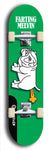 Skateboard deck: Limited edition, North American maple skateboard deck designed by underground artist BellyRash - available widths 7.5 to 8.5 inches in both mellow concave and steep concave shapes. Artwork: FARTING MELVIN logo brand popsicle-shaped deck with farting bulldog on flat-colored background