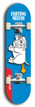 Skateboard deck: Limited edition, North American maple skateboard deck designed by underground artist BellyRash - available widths 7.5 to 8.5 inches in both mellow concave and steep concave shapes. Artwork: FARTING MELVIN logo brand popsicle-shaped deck with farting bulldog on flat-colored background