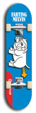 Skateboard deck: Limited edition, North American maple skateboard deck designed by underground artist BellyRash - available widths 7.5 to 8.5 inches in both mellow concave and steep concave shapes. Artwork: FARTING MELVIN logo brand popsicle-shaped deck with farting bulldog on flat-colored background