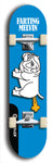 Skateboard deck: Limited edition, North American maple skateboard deck designed by underground artist BellyRash - available widths 7.5 to 8.5 inches in both mellow concave and steep concave shapes. Artwork: FARTING MELVIN logo brand popsicle-shaped deck with farting bulldog on flat-colored background