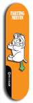 Skateboard deck: Limited edition, North American maple skateboard deck designed by underground artist BellyRash - available widths 7.5 to 8.5 inches in both mellow concave and steep concave shapes. Artwork: FARTING MELVIN logo brand popsicle-shaped deck with farting bulldog on flat-colored background