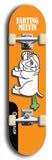 Skateboard deck: Limited edition, North American maple skateboard deck designed by underground artist BellyRash - available widths 7.5 to 8.5 inches in both mellow concave and steep concave shapes. Artwork: FARTING MELVIN logo brand popsicle-shaped deck with farting bulldog on flat-colored background