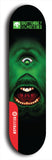 Skateboard deck: Limited edition, North American maple skateboard deck designed by underground artist BellyRash -- available in widths 7.5 to 8.5 inches in both mellow concave and steep concave shapes. Artwork: BUTTUGLY MONSTERS brand popsicle-shaped skateboard deck with monster in background. 