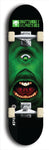 Skateboard deck: Limited edition, North American maple skateboard deck designed by underground artist BellyRash -- available in widths 7.5 to 8.5 inches in both mellow concave and steep concave shapes. Artwork: BUTTUGLY MONSTERS brand popsicle-shaped skateboard deck with monster in background. 