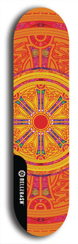 Skateboard deck: Limited edition, North American maple skateboard deck designed by underground artist BellyRash - available widths 7.5 to 8.5 inches in both mellow concave and steep concave shapes. Artwork: DHARMAMECHANIC logo brand popsicle-shaped deck 