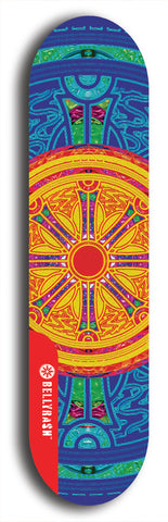 Skateboard deck: Limited edition, North American maple skateboard deck designed by underground artist BellyRash - available widths 7.5 to 8.5 inches in both mellow concave and steep concave shapes. Artwork: DHARMAMECHANIC logo brand popsicle-shaped deck 