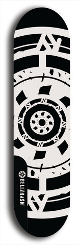 Skateboard deck: Limited edition, North American maple skateboard deck designed by underground artist BellyRash - available widths 7.5 to 8.5 inches in both mellow concave and steep concave shapes. Artwork: DHARMAMECHANIC logo brand popsicle-shaped deck 