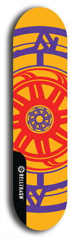 Skateboard deck: Limited edition, North American maple skateboard deck designed by underground artist BellyRash - available widths 7.5 to 8.5 inches in both mellow concave and steep concave shapes. Artwork: DHARMAMECHANIC logo brand popsicle-shaped deck 