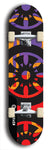 Skateboard deck: Limited edition, North American maple skateboard deck designed by underground artist BellyRash - available widths 7.5 to 8.5 inches in both mellow concave and steep concave shapes. Artwork: DHARMAMECHANIC logo brand popsicle-shaped deck 