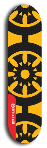 Skateboard deck: Limited edition, North American maple skateboard deck designed by underground artist BellyRash - available widths 7.5 to 8.5 inches in both mellow concave and steep concave shapes. Artwork: DHARMAMECHANIC logo brand popsicle-shaped deck 