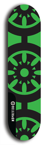 Skateboard deck: Limited edition, North American maple skateboard deck designed by underground artist BellyRash - available widths 7.5 to 8.5 inches in both mellow concave and steep concave shapes. Artwork: DHARMAMECHANIC logo brand popsicle-shaped deck 