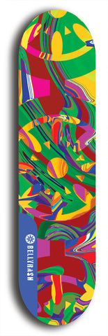 Skateboard deck: Limited edition, North American maple skateboard deck designed by underground artist BellyRash - available widths 7.5 to 8.5 inches in both mellow concave and steep concave shapes. Artwork: DHARMAMECHANIC logo brand popsicle-shaped deck 